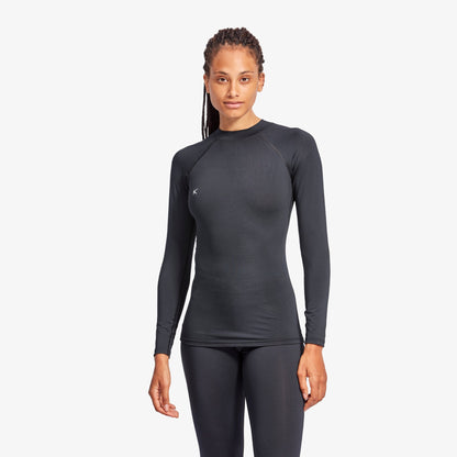 Women's Luxury Infrared Recovery Baselayer Top by KYMIRA features quick-dry technology and an ergonomic fit, showcasing its structured shoulder design suitable for athletic performance.
