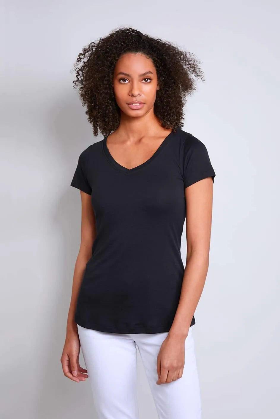 Luxury Women's V Neck Cotton Modal Blend T-Shirt in soft pastel hue, showcasing a breathable and lightweight fabric, perfect for stylish layering or casual wear.