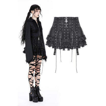Dark In Love Wren Mini Skirt featuring intricate lace frills and a captivating demon and angel wing charm, epitomising gothic elegance.