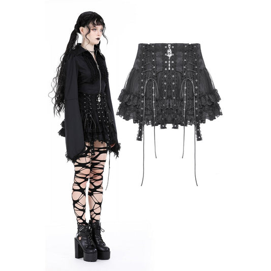 Dark In Love Wren Mini Skirt featuring intricate lace frills and a captivating demon and angel wing charm, epitomising gothic elegance.