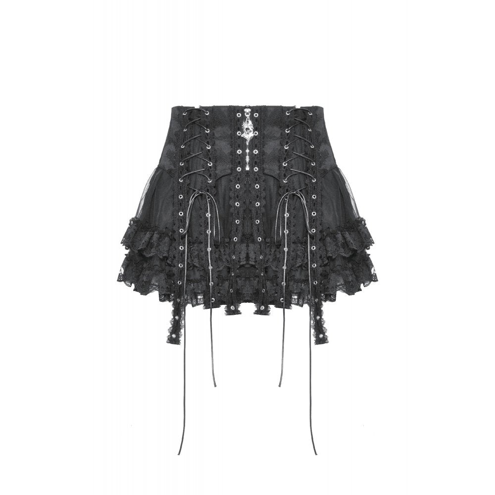Catwalk impression of the Dark In Love Wren Mini Skirt featuring exquisite lace details and charm, embodying the essence of dark, high-end fashion.