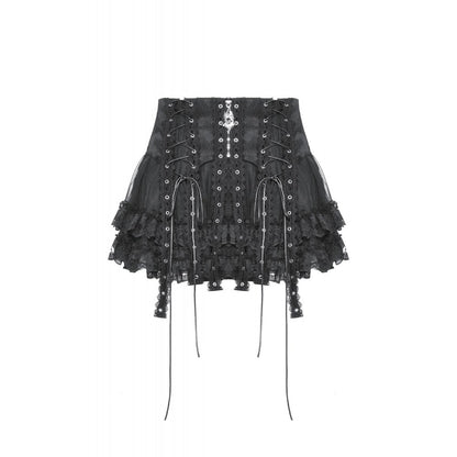 Catwalk impression of the Dark In Love Wren Mini Skirt featuring exquisite lace details and charm, embodying the essence of dark, high-end fashion.