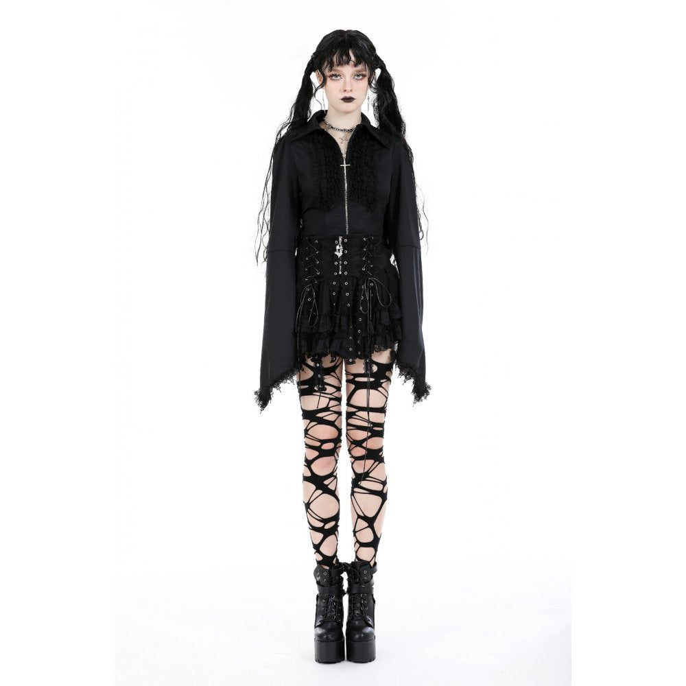 Close-up view of the Dark In Love Wren Mini Skirt showcasing detailed lace up detailing and delicate lace frills, embodying gothic elegance and whimsy.