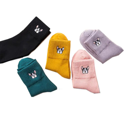 Cozy Women's Cotton French Bulldog Embroidered Socks displayed in various colours, showcasing a premium gift option for dog lovers.