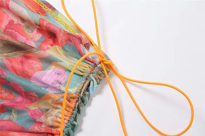 Elegant Floral Mesh Skirt Set for Women by Dazzling Dreams Studio, featuring a romantic A-line silhouette with vibrant floral patterns.