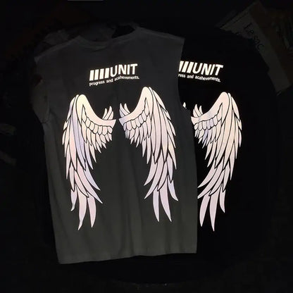 Elegant Edgy Cut Off Angel Wings Tee by Dazzling Dreams Studio showcasing a unique graphic print on high-quality cotton, ideal for fashion enthusiasts.