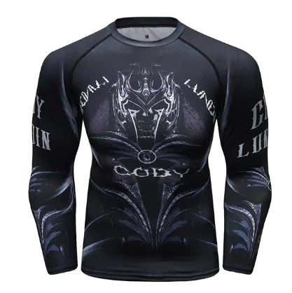 Sophisticated long sleeve compression shirt for men showcasing an artistic design with dark tones and intricate patterns, ideal for winter workouts. Made from high-quality moisture-wicking material, this compression top combines luxury and functionality for serious fitness enthusiasts.