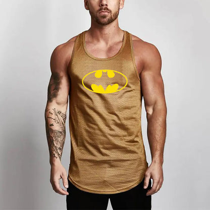Glamorous golden men's Batman workout tank top adorned with a bold yellow Batman logo, offering a sleek and breathable design for athletic pursuits.
