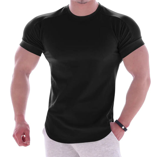 Elegant men's premium athletic compression T-shirt in sleek black, crafted from quick-dry milk silk, perfect for summer training and enhancing physical performance.