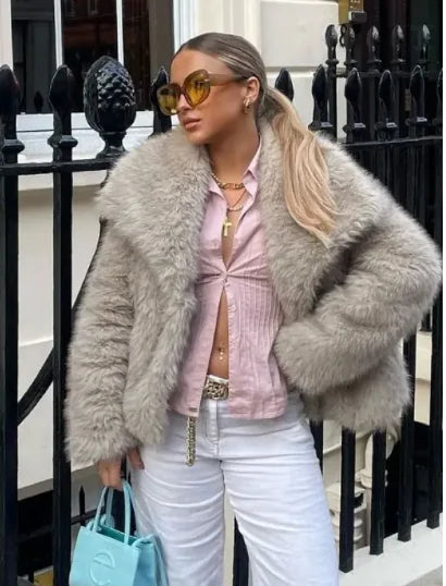 Luxurious Winter Plush Coat with Classic Lapel Collar - Stylish Long Sleeve Outerwear that combines warmth with fashionable flair.