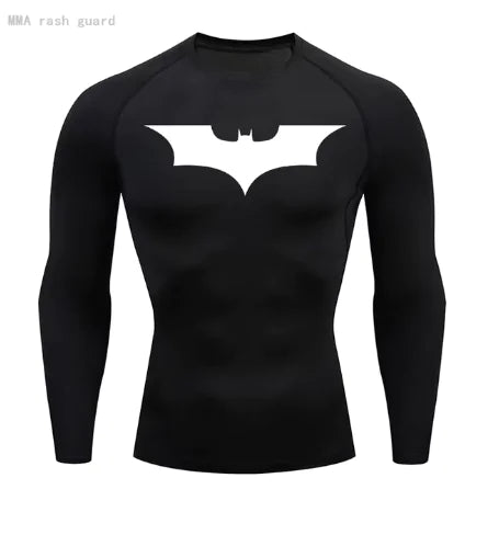 Chic men's long sleeve shirt in black adorned with a white Batman symbol, combining fashion and practical UV protection for an active lifestyle.