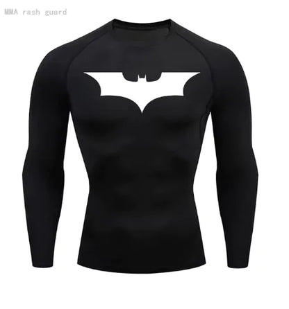 Chic men's long sleeve shirt in black adorned with a white Batman symbol, combining fashion and practical UV protection for an active lifestyle.