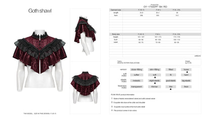 Stylish Punk Rave Elysia crimson velvet shawl showcasing intricate lace collar and rose buckle details, ideal for gothic fashion.