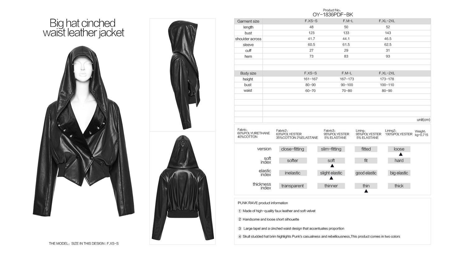 Back view of the Punk Rave Nyx Hooded Faux Leather Jacket, featuring striking skull studs and an oversized hood, a must-have piece for luxury alternative fashion.