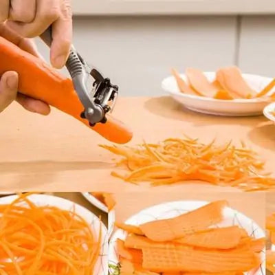 An exquisite view of a multi-functional 360 degree rotary peeler in action, as it smoothens a vibrant carrot. The image captures the precision of the ultra-sharp blade while fine carrot shavings fall onto a chic wooden kitchen counter. A collection of perfectly peeled carrot strips artistically arranged on a plate reflects sophistication in food preparation.