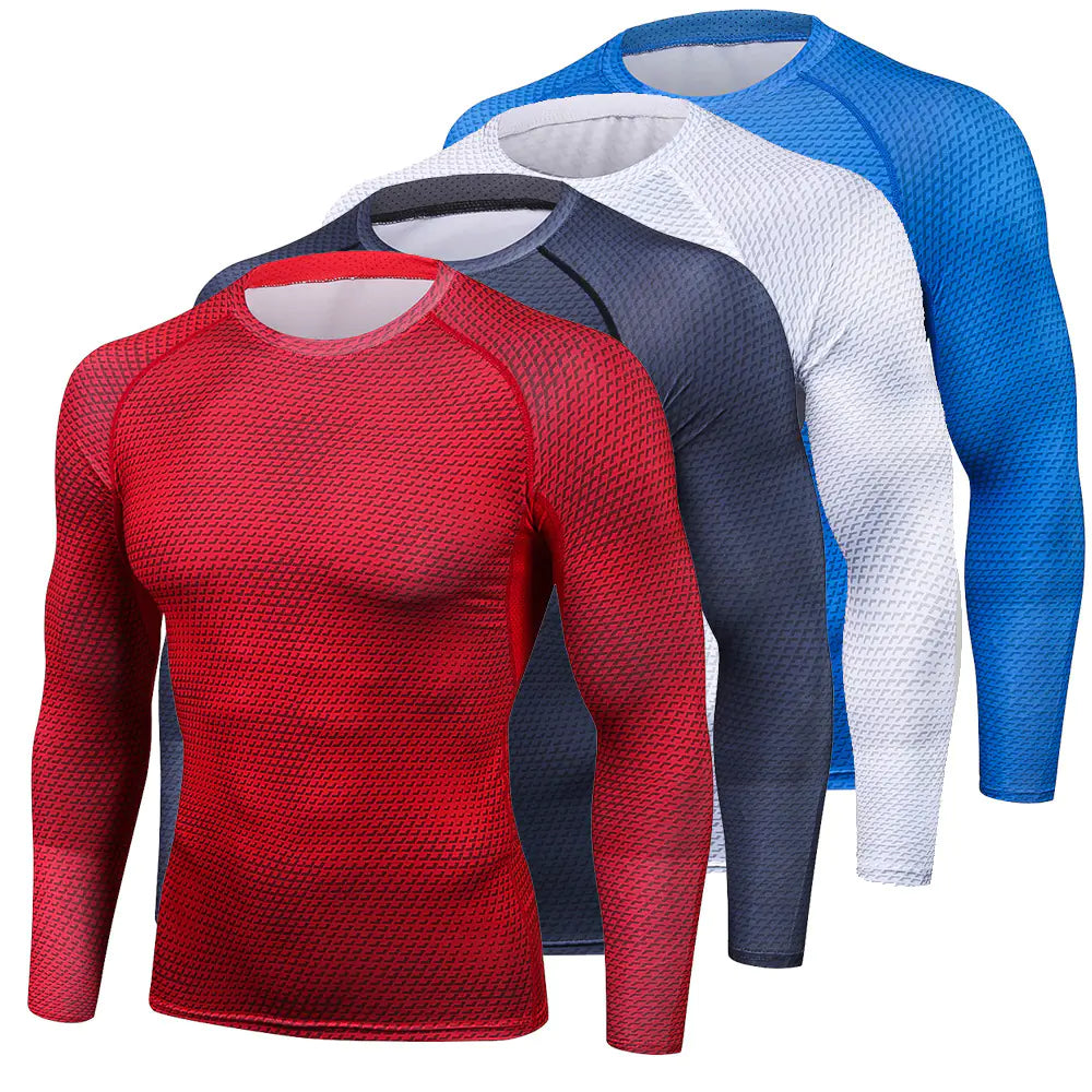 A fashionable set of long sleeve compression shirts in various colours including red, blue, and white, designed for the discerning athlete.