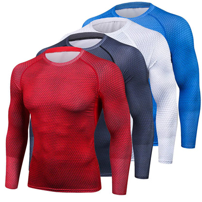 A fashionable set of long sleeve compression shirts in various colours including red, blue, and white, designed for the discerning athlete.