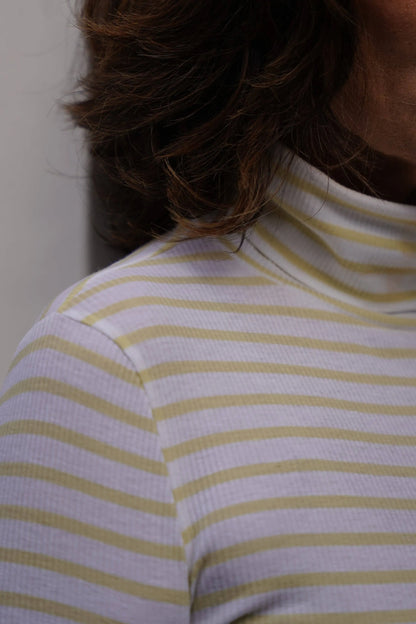 Stylish women's cotton roll neck top in a sophisticated striped design, ideal for adding elegance to any outfit.