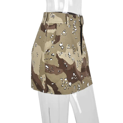 Fashion model wearing the Women’s Luxury Camouflage Mini Skirt by Dazzling Dreams Studio, styled for a chic urban look.