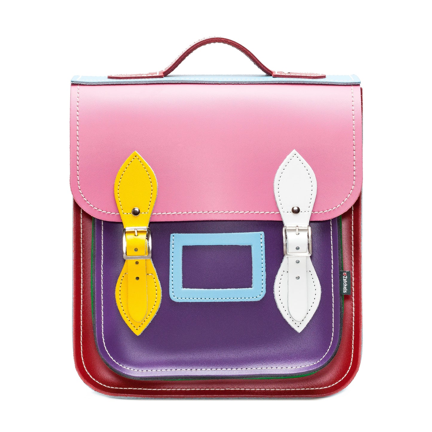 Handmade Kaleidoscope Leather City Backpack by Zatchels in vibrant pastel colours, showcasing premium leather craftsmanship, ideal for stylish urban commuting.