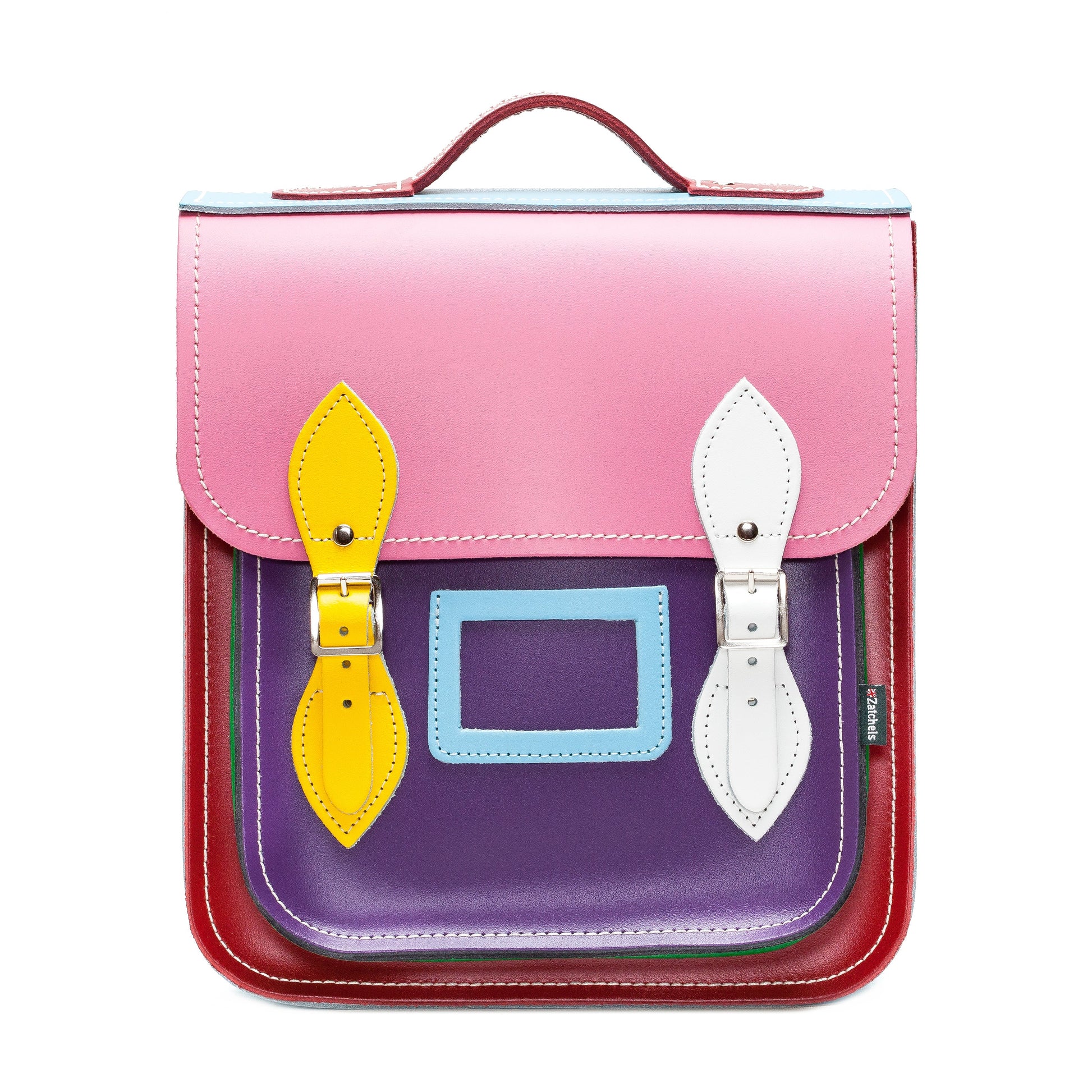 Handmade Kaleidoscope Leather City Backpack by Zatchels in vibrant pastel colours, showcasing premium leather craftsmanship, ideal for stylish urban commuting.