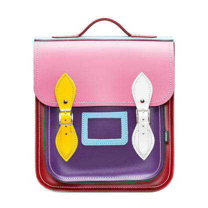 Handmade Kaleidoscope Leather City Backpack by Zatchels in vibrant pastel colours, showcasing premium leather craftsmanship, ideal for stylish urban commuting.