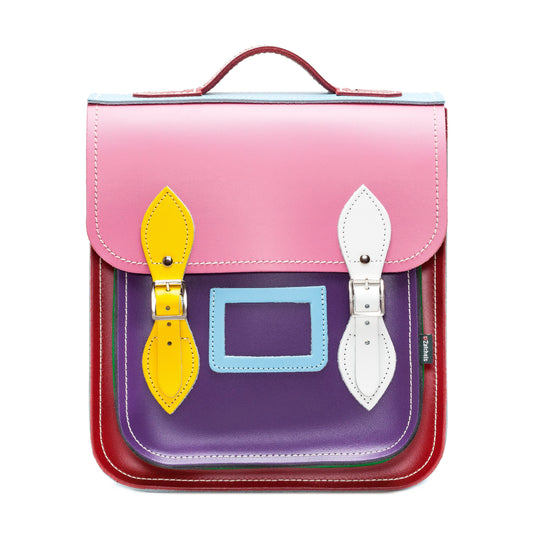 Handmade Kaleidoscope Leather City Backpack by Zatchels in vibrant pastel colours, showcasing premium leather craftsmanship, ideal for stylish urban commuting.