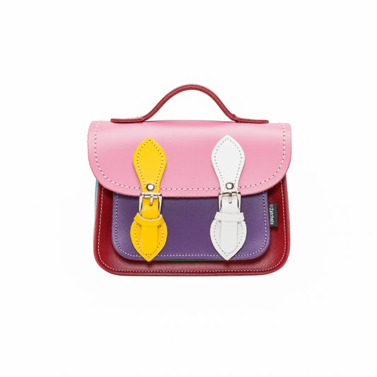 Luxury Handmade Micro Satchel in Kaleidoscope Leather featuring vibrant pastel colours, showcasing unique craftsmanship and elegant design.