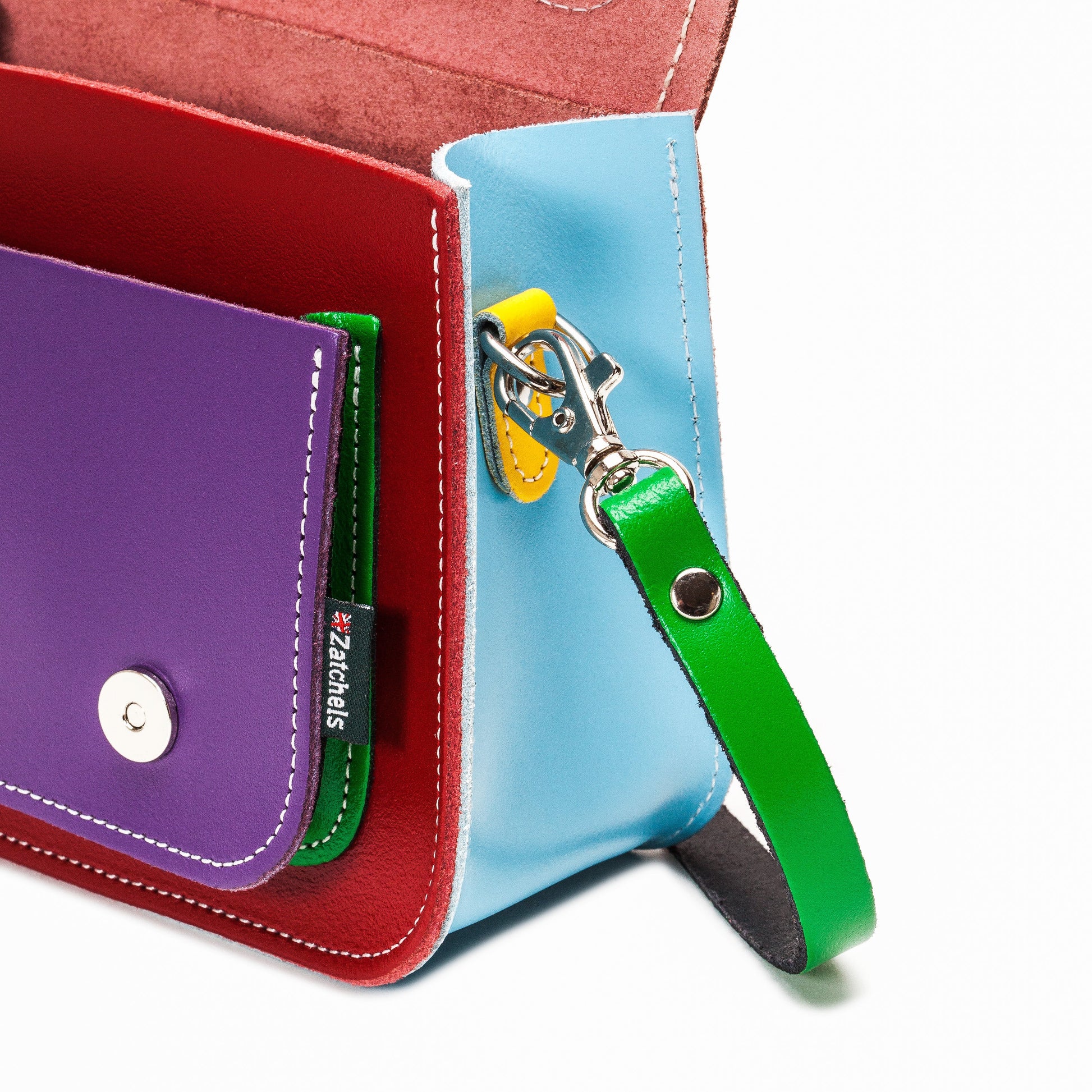 Close-up of the exquisite pastel leather panels on the Kaleidoscope Micro Satchel, highlighting the top-quality materials and unique artisan craftsmanship.