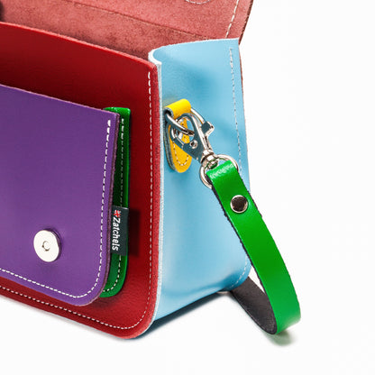 Close-up of the exquisite pastel leather panels on the Kaleidoscope Micro Satchel, highlighting the top-quality materials and unique artisan craftsmanship.