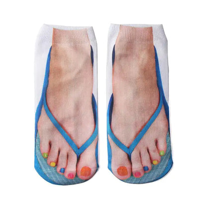 Chic Women's Novelty Gift Super Comfy Manicure Print Socks showcasing a stylish flip-flop graphic with colourful toenails, ideal for expressing your personality with comfort.