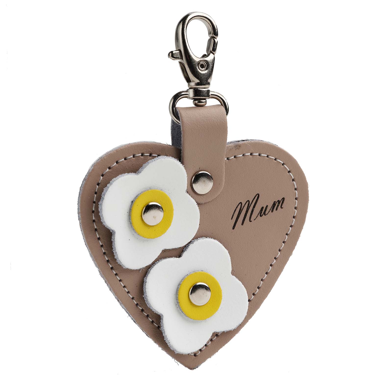 Luxurious leather love heart bag charm by Zatchels, featuring 'Mum' engraving and floral appliques, iced coffee colour, perfect accessory for gifting.