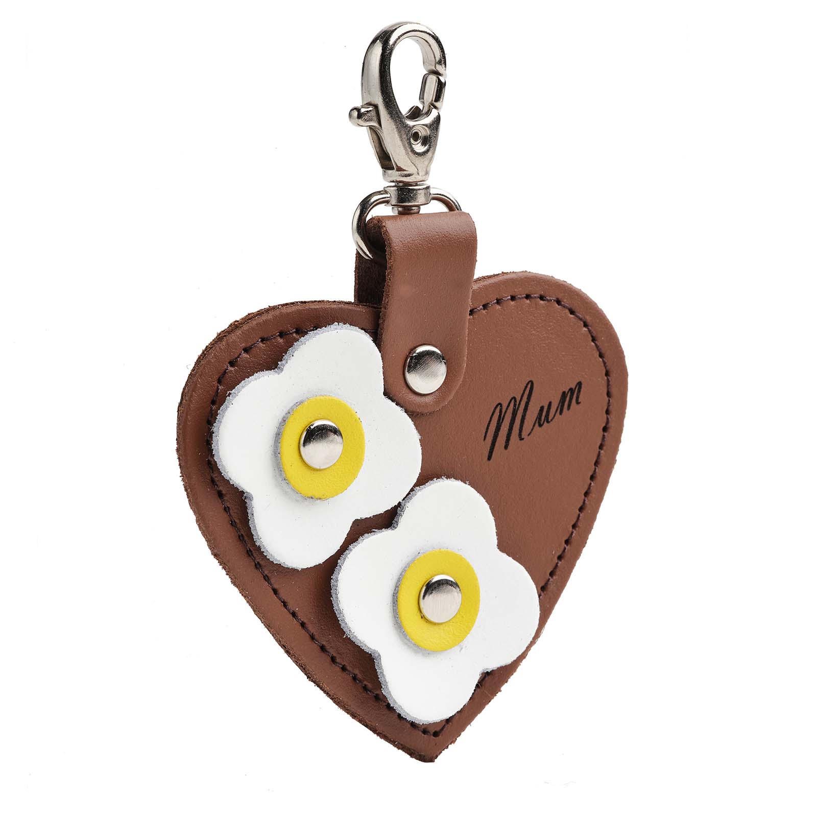 Luxury Love Heart Bag Charm in chestnut leather featuring 'Mum' engraving and floral appliques, a perfect stylish accessory for bags or keys.