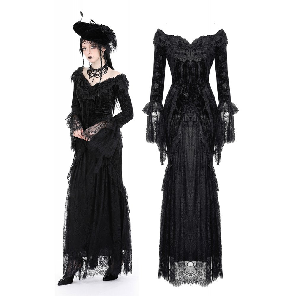 Elegant Dark In Love Off The Shoulder Lace Maxi Dress featuring intricate lace sleeves and a seductive lace-up back, perfect for a femme fatale look.