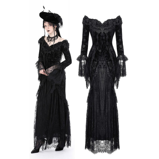 Elegant Dark In Love Off The Shoulder Lace Maxi Dress featuring intricate lace sleeves and a seductive lace-up back, perfect for a femme fatale look.