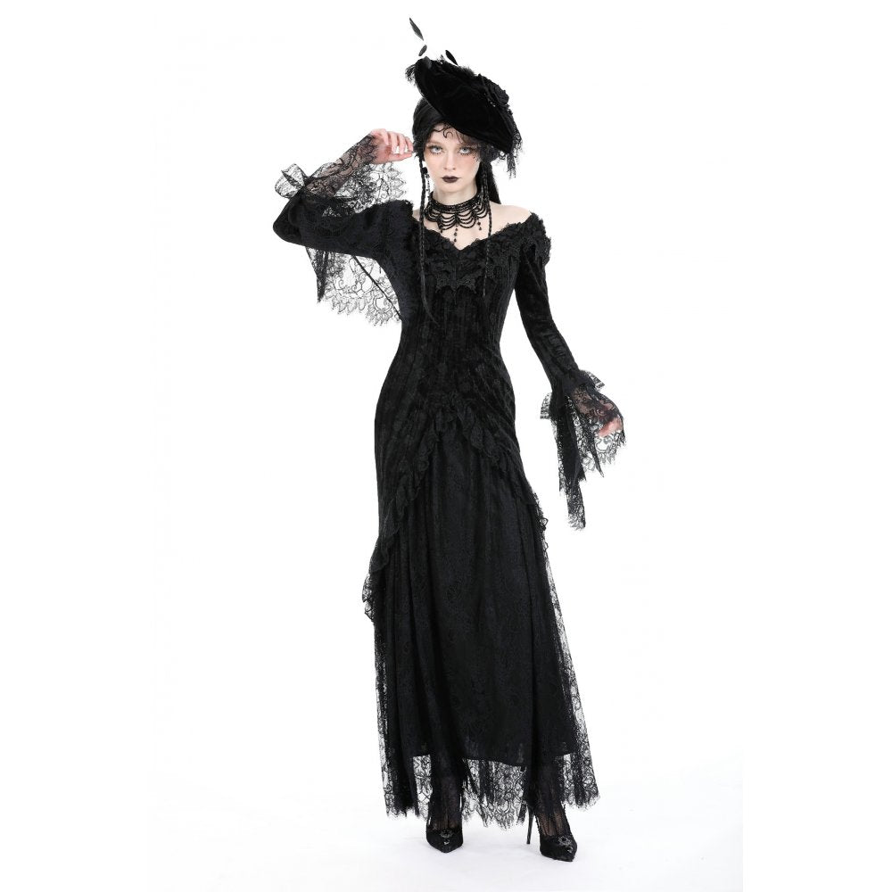 Elegant Dark In Love off-the-shoulder lace maxi dress featuring delicate lace sleeves, perfect for a femme fatale look.