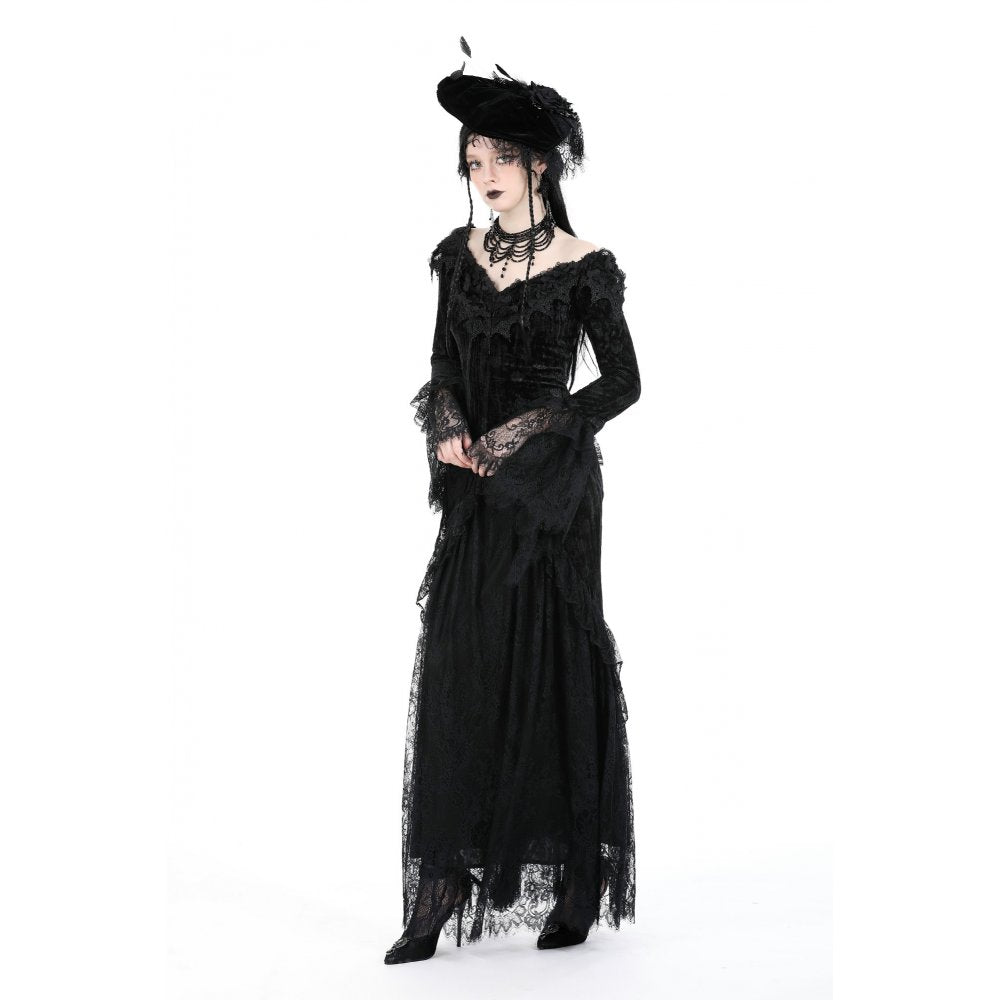 Front view of the Dark In Love lace maxi dress, featuring intricate lace sleeves and a figure-hugging fit that exudes sophistication.