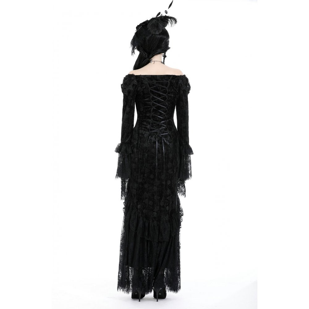 Luxurious Dark In Love Off The Shoulder Lace Maxi Dress showcasing elegant lace sleeves and a sensual lace-up back.