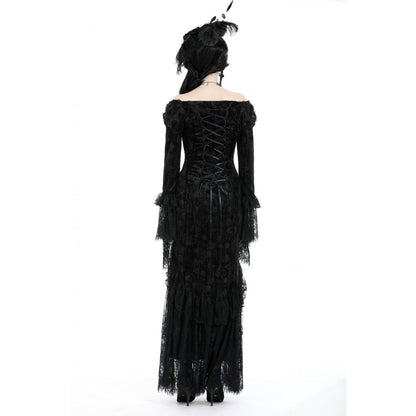 Luxurious Dark In Love Off The Shoulder Lace Maxi Dress showcasing elegant lace sleeves and a sensual lace-up back.
