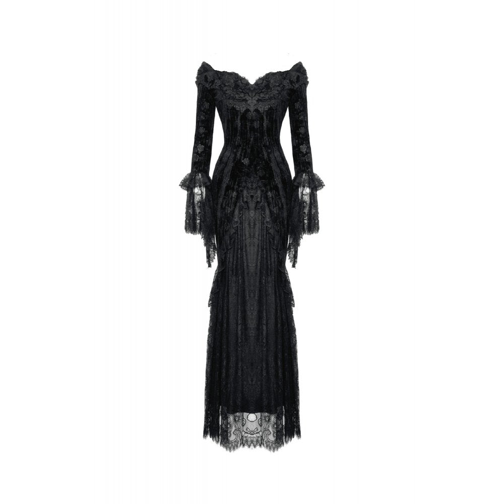 Full view of the Dark In Love off-the-shoulder lace maxi dress, highlighting its elegant silhouette and luxurious fabric.
