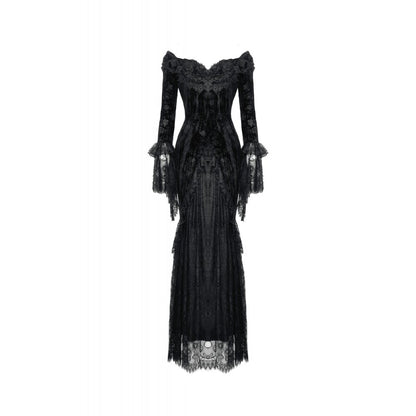 Full view of the Dark In Love off-the-shoulder lace maxi dress, highlighting its elegant silhouette and luxurious fabric.