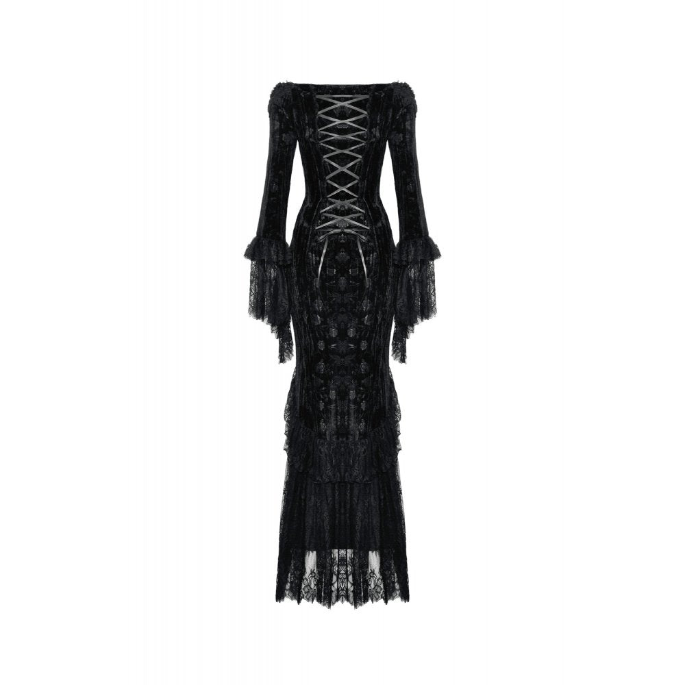 Model wearing the Dark In Love lace maxi dress, exemplifying a chic and daring femme fatale aesthetic.