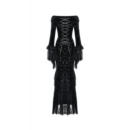 Model wearing the Dark In Love lace maxi dress, exemplifying a chic and daring femme fatale aesthetic.