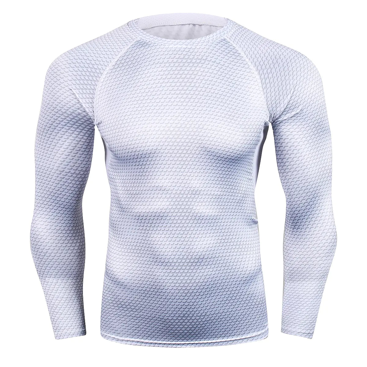 Refined men's long sleeve compression shirt in white, featuring a contemporary patterned design, engineered for comfort and breathability.