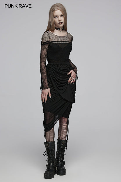 Model wearing the Punk Rave Zephyrine Gothic Skirt, demonstrating its versatile styling and unique gothic aesthetic.
