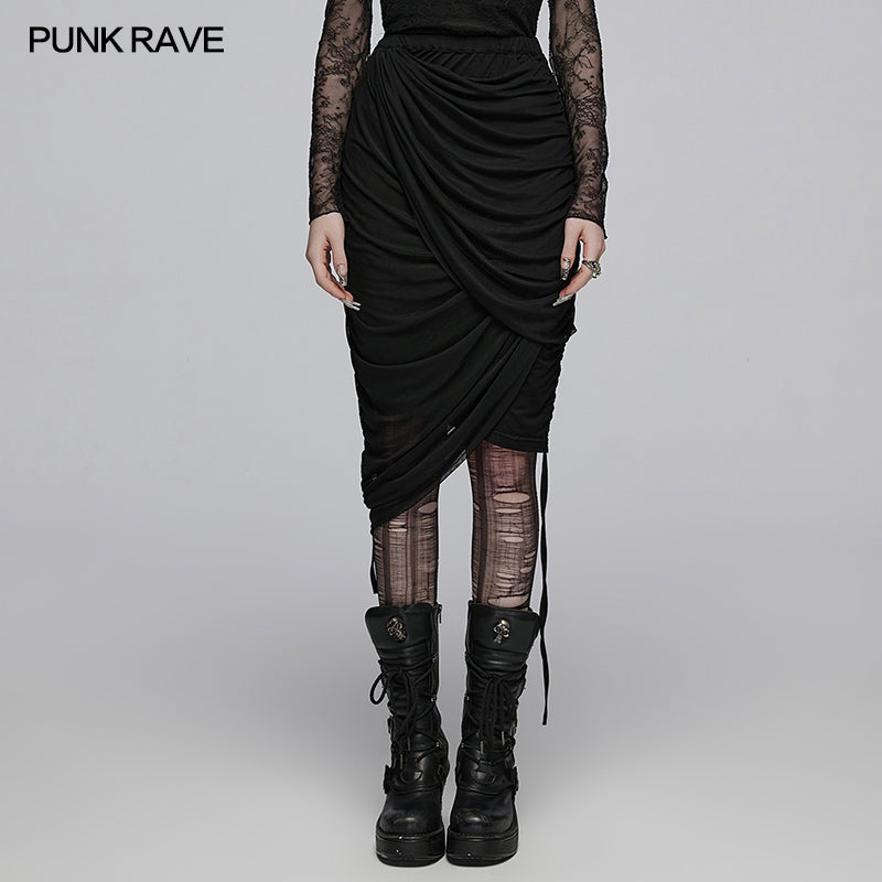 Luxurious Punk Rave Zephyrine Gothic Adjustable Draped Skirt showcasing elegant draped wrap-over effect in rich dark fabric.