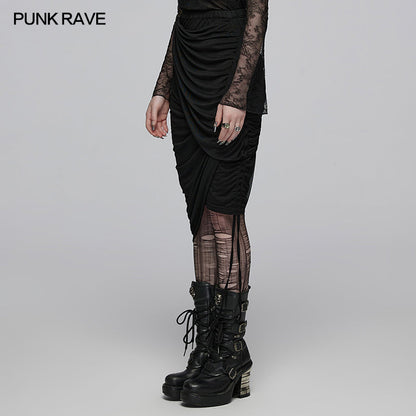 Elegant Punk Rave Zephyrine Gothic Adjustable Draped Skirt showcasing a dramatic wrap-over effect, designed for versatility and style.
