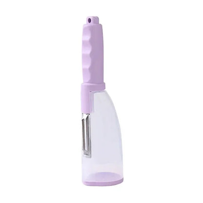 Sophisticated multifunctional peeler with a delicate lavender handle, embodying elegance with its clear cover and efficient design for modern cooking.