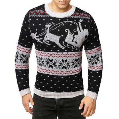 Men's reindeer sweater in black, adorned with a classic festive sleigh motif and premium knit texture, perfect for winter celebrations.