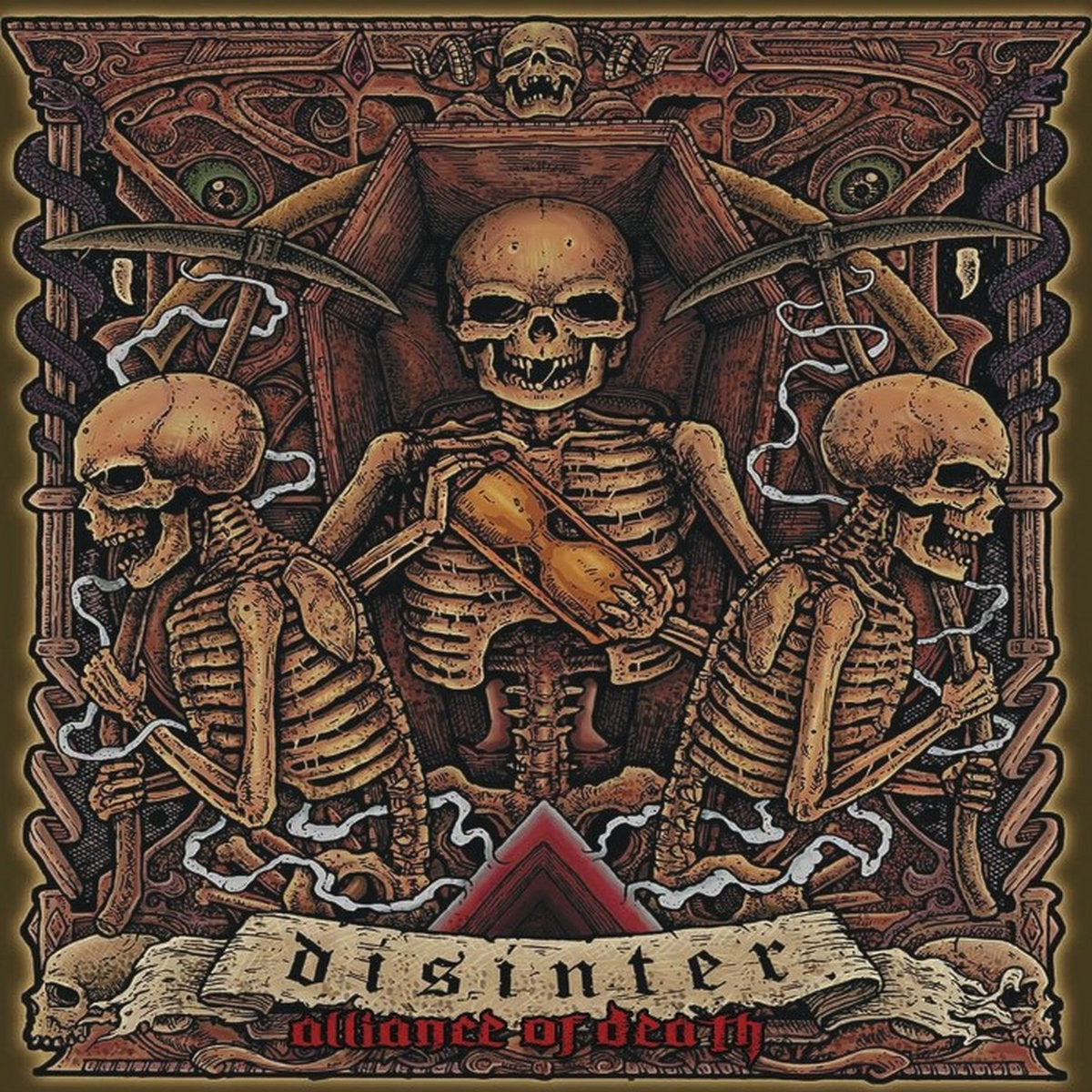 Disinter (Sa) and Disinter (Na) 'Alliance of Death' CD album cover by Rancid Offal Records, showcasing a dark and intense artwork perfect for death metal enthusiasts.
